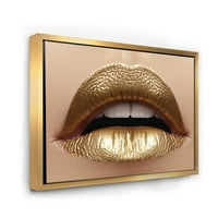 DesignArt 'Izbliza ženske usane usana sa zlatnim ružem' Moderno uokvireno platno zidne umjetničke printe