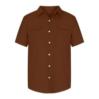 + Muške košulje za odmor dugih rukava, pamučne lanene košulje u boji s dvostrukim džepom, kratkih rukava, smeđe