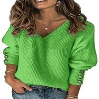 Seksi plesni ženski casual pleteni džemper jednobojni pulover s dugim rukavima S Lampionom i dekolteom u obliku