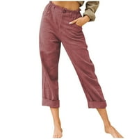 Ženske hlače Capri s džepovima pamučno laneno vježbanje gamaša rastezanje struka džepni joga teretana obrezane