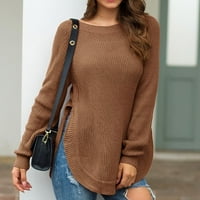 Džemperi za žene casual labave fit dugih rukava solidne boje posada bočni prorez plete jeseni i zimskim džemperima