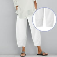 Ženske lanene hlače s ravnim nogavicama, široke Ležerne hlače s visokim strukom s džepovima, bijele hlače s džepovima
