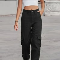 Jesensko-ljetne nove ženske teretne traperice, jednobojne traper hlače s patentnim zatvaračem s gumbima i elastičnim