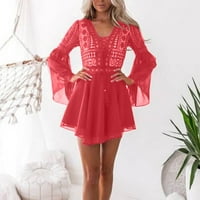 Rasprodaja ljetnih haljina za žene s dugim rukavima s printom modna Mini haljina A kroja s crvenim izrezom u obliku