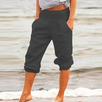 Osječene hlače za žene Ljetna pamučna posteljina Capri hlače s džepovima casual Solid Color Beach Workout Soft