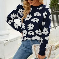 Cvjetni pleteni džemperi za žene jeseni vrhovi casual džemper udoban džemper pulover dugih rukava mornarice l