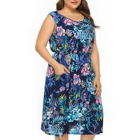 Maksi haljina za žene, sunčana haljina s okruglim vratom, bez rukava, s printom u plavoj boji;