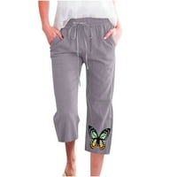 Ženske Ležerne rastezljive široke hlače s printom, ravne ošišane hlače širokih nogavica, pamuk i laneni Kapri