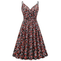 Cethrio Ljetna haljina za žene- retro ljeto casual cvjetni cvjetni tiskani modni rukav bez rukava V-izreza Crvena