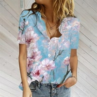 Ljetna Ženska majica kratkih rukava, ležerni labavi vrhovi s izrezom u obliku slova u i gumbima, udobne cvjetne
