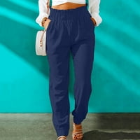 Ženske pamučne posteljine ruffle elastične hlače struka Slim Fit casual olovke hlače ljetne trendovske hlače tamnoplava