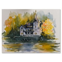 Dizajnerska umjetnost dvorac s jesenskim drvećem na jezeru kuća na jezeru platno zidni umjetnički tisak
