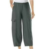 Tuphregyow Žene s džepovima hlače Klasična čvrsta pamučna posteljina Ravna noga Capri Capri Visoki struk Udobne