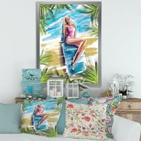 Dizajnerska umjetnost portret prekrasnog plavokosog modela koji se sunča na plaži umjetnička gravura u morskom