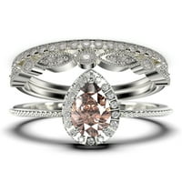 Art Deco 2. Carat Vintage Pear Cut Morganite i Diamond Moissanite zaručnički set, vjenčani prsten u 10k čvrsto