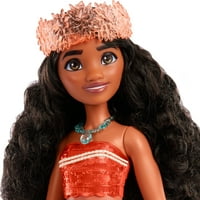 Modna lutka princeze Disneia Moana sa smeđom kosom, smeđim očima i dodacima za kosu, pjenušava slika