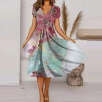 Yubatuo ženska ljetna moda ležerna labava tiskana haljina kratki rukavi V temperament za vrat midi haljine za