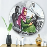 DesignArt 'Arapska dama koja vozi automobil II' Moderni krug metal zidne umjetnosti - disk od 23 godine