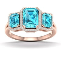 Imperijalni dragulj 10k ružičasto zlato smaragdni izrezani švicarski plavi topaz ct tw dijamant tri kamena halo