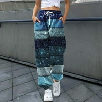 Hlače za žene dame ležerne modne retro izvlačenje labave tiskane sportske hlače plave + xl