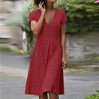 Ženska haljina s kratkim rukavima s okruglim vratom s printom, ležerna Midi haljina u točkicama, crvena;