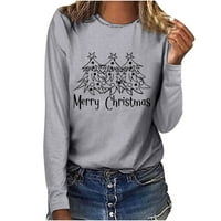 Božićni vrhovi za žene, bluze dugih rukava, veselo božićno drvce, ležerna majica s cvjetnim printom, siva