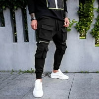 Muške jednobojne hlače s džepom s patentnim zatvaračem s elastičnim pojasom, široke duge hlače, hlače u crnoj
