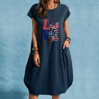 Ženska ležerna ljetna haljina od pamuka i lana s okruglim vratom i kratkim rukavima u stilu američke zastave,