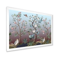 Dizajnerska umjetnost Chinoiserie s peonies and bird of the mumbo uokvireni tradicionalni umjetnički tisak