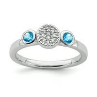 Okrugli plavi topaz od srebra i dijamanta. Prsten