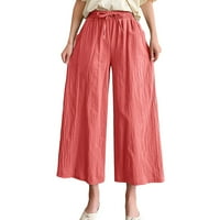 Lanene hlače za žene, ženske casual hlače s elastičnim pojasom, hlače širokih nogavica, ošišane Capri hlače 9