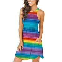 Ernkv Clearment Mini Sundress s džepom za žene Rainbow Stripe bez rukava Okrugli vrat Boho Leisure Udobno retro