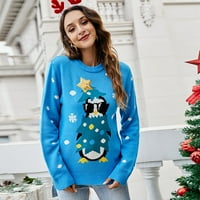Ženski lagani džemper s okruglim vratom pulover s dugim rukavima Božićni casual Pleteni gornji dio u plavoj boji,