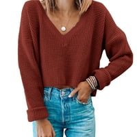 Ženski džemper s prugama u boji S izrezom u obliku slova u, skraćeni pleteni pulover kratkih rukava, džemperi