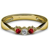 Prsten s tri kamena rubina i dijamantom 0. 14k žuto zlato.veličina 9.0