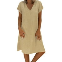 Ljetna haljina od pamuka i lana Plus size ležerna jednobojna haljina s izrezom i kratkim rukavima u obliku slova