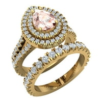 Kruška izrezana ružičasta morganite dvostruki halo vjenčani prsten set Split Shank 14K zlato 3. karat