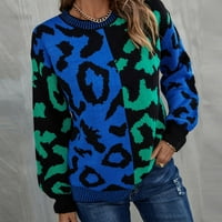 + ženski novi leopard print s dugim rukavima pleteni pulover s okruglim vratom, vrhovi džempera