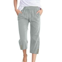 Žene udobne široke hlače s visokim strukom Elastične hlače s ravnim nogama Capris hlače s džepovima metvica Green_