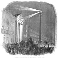 Irska: Dublin, 1849. Iluminacije u ulici Sackville, Dublin, Irska. Električno svjetlo na Nelsonovom stupu. Graviranje