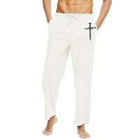 Muške ljetne hlače Na plaži s vezicama od 92 inča pamučne lanene hlače s elastičnim pojasom s printom bijele boje
