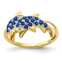 Zaručnički prsten za dupine od žutog zlata od 14 karata s dijamantima i safirno plavim rujanskim kamenom, veličina