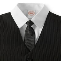 Odjevni set od A-liste koji se sastoji od prsluka na pruge, bijele košulje, uske kravate i crnih pripijenih hlača,