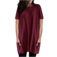 Topovi A. D. Rasprodaja Plus size ženske jednobojne široke majice kratkih rukava bluze s džepom vino 6
