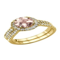Prirodni prsten od breskve i ruže s 1 karatnim morganitom i dijamantima od 14 karatnog žutog zlata s dvostrukim