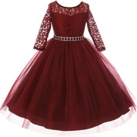 Zapanjujuća haljina od čipkastog tila od rhinestona za djevojčicu, haljina za zabavu s cvjetnim uzorkom, Burgundija;