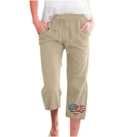 Dianli Prevelike pamučne lanene ženske hlače s džepnim potezom elastične neovisnosti visokog struka tiskajući