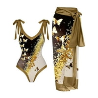 Modni Ženski seksi dva kupaća kostima s printom za kontrolu trbuha koji se vežu na ramenu s prekrivačima zlatni