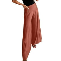 Široke hlače za žene Drvaste - udobne lanene hlače visokog gumba dekor bočno naborani solidni ležerni hlača