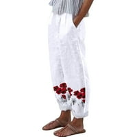 Vintage pamučne lanene hlače za žene cvjetni print elastični struk široke noge hlače ležerne velike džepove labave